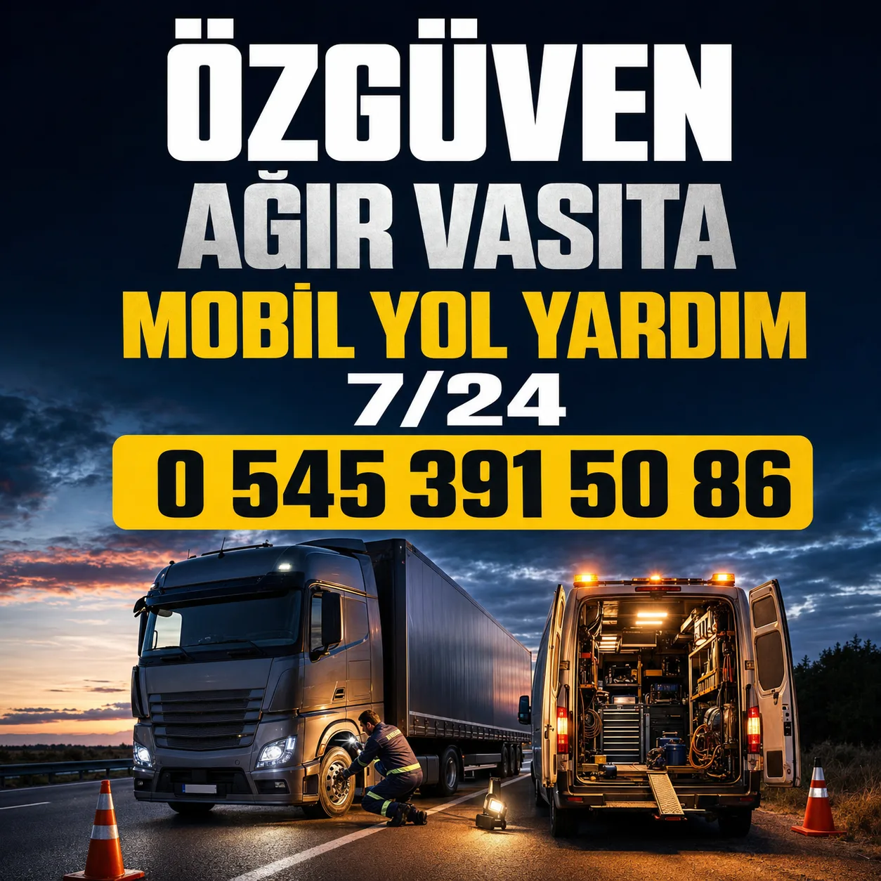 Gece yol kenarında mobil yol yardım ekibi